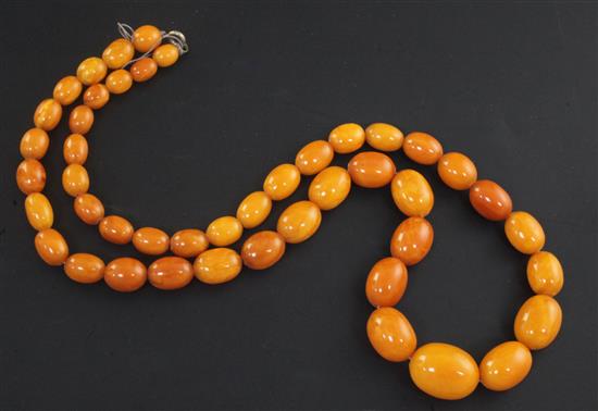 A single strand graduated oval amber bead necklace, 67cm.